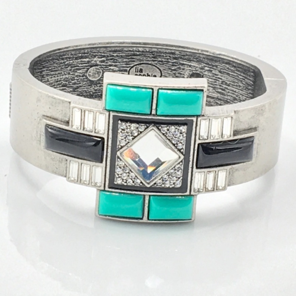 Art Deco Silver Bracelet NYE Party Statement Turquoise Red Carpet Retro NEW